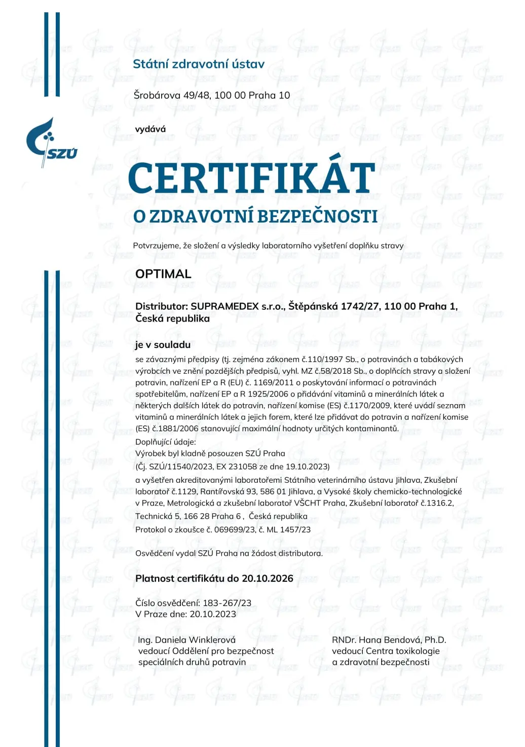 Certifikát OPTIMAL SUPRAMEDEX